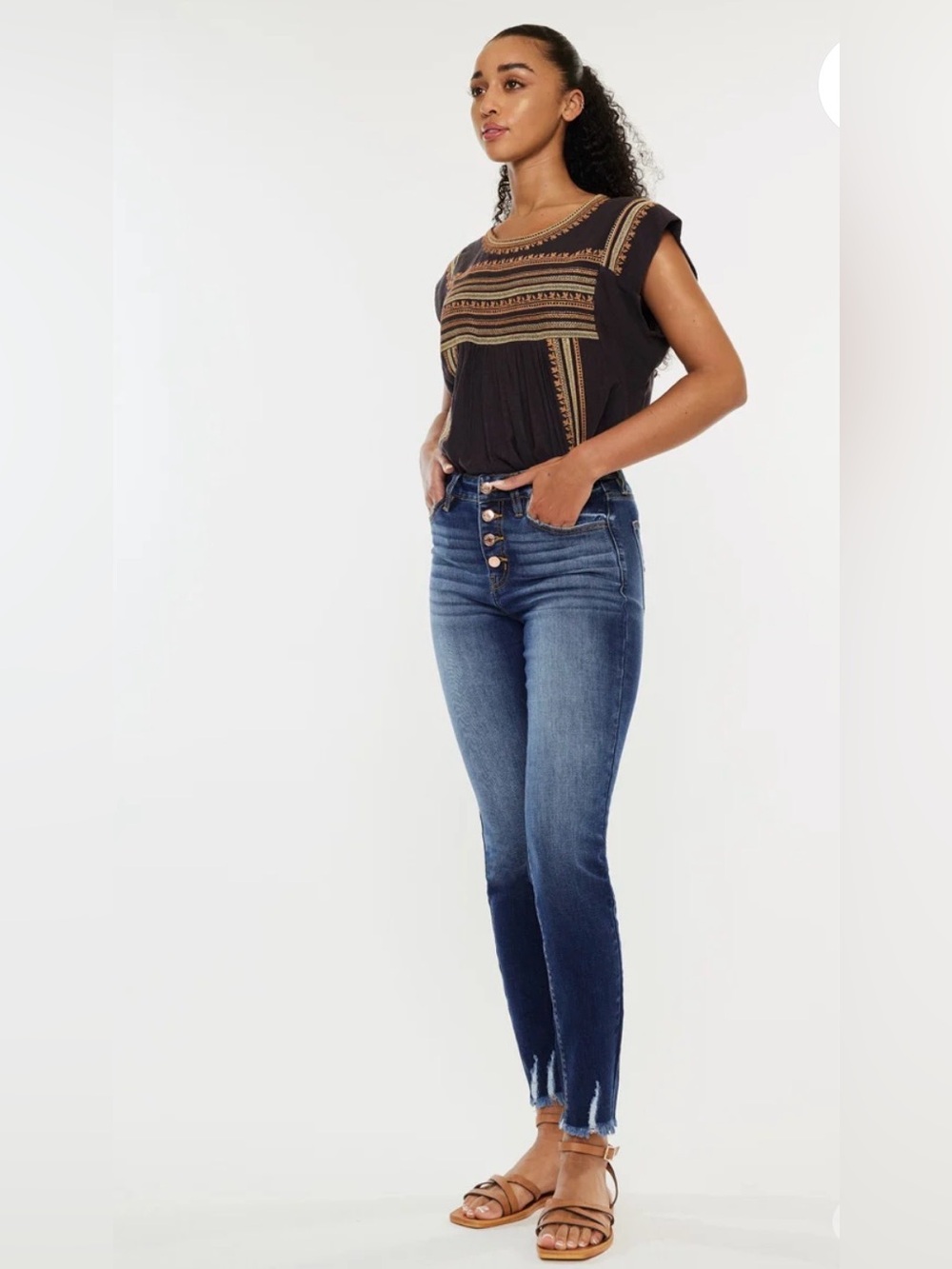 KanCan Jenny High-Rise Button-Fly Distressed Dark Blue Jeans - Picture 3 of 9